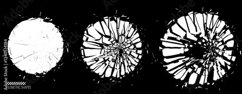 Broken Glass Circles with Cracks. Abstract Comic Book Flash Explosion Blast Radial Lines. Shattered, Fractured and Broken Geometric Circles. Damaged Texture. Vector Illustration.