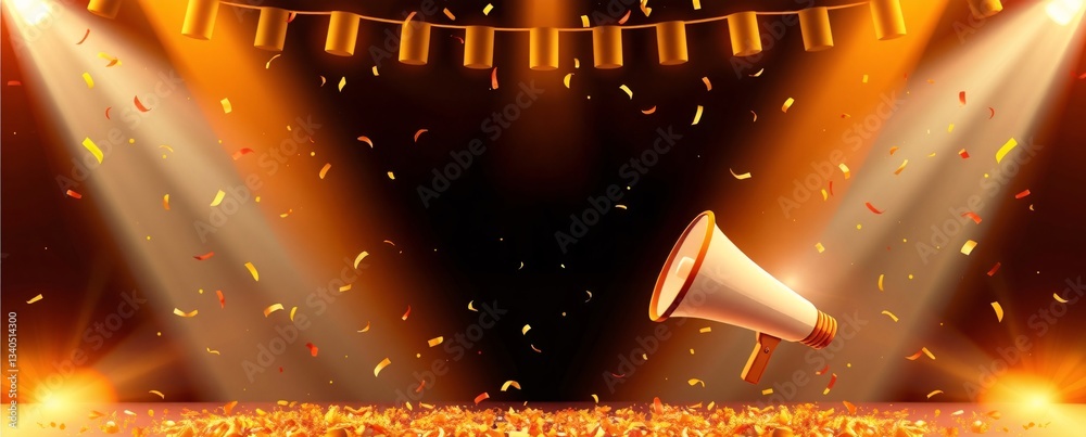 Naklejka premium Grand Opening Event Invitation Banner Megaphone, Loudspeaker & Confetti -Ideal for Business Marketing, Website & Print Advertising.