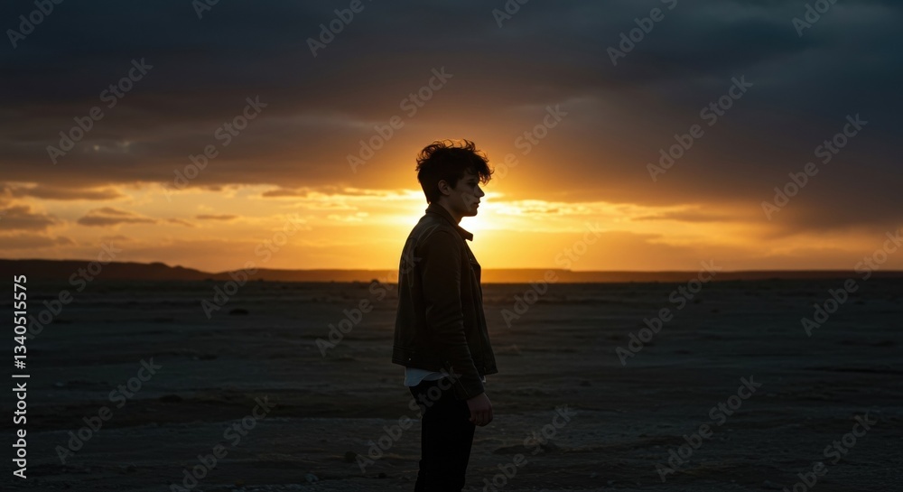 Captivating silhouette of a person standing against a vibrant sunset sky, embodying solitude and beauty. Captivating silhouette of a person standing against a vibrant sunset sky, embodying solitude and beauty.