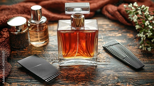 Perfume bottles on wooden table with flowers, elegant display, still life, background