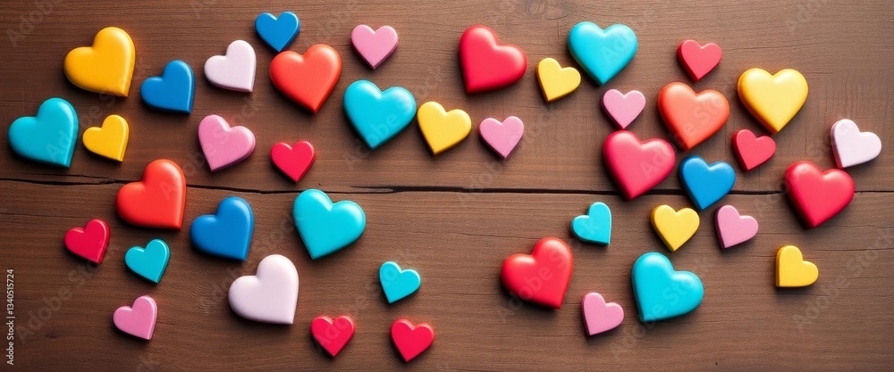 Scattered conversation hearts on rustic brown wood, sugary, yellow Scattered conversation hearts on rustic brown wood, sugary, yellow