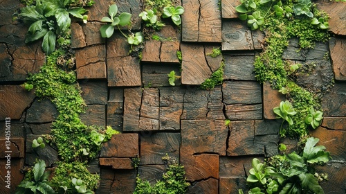 Wooden Wall with Moss and Plants: A rustic wooden wall reclaimed wood, adorned with lush green moss and vibrant plants, creating a captivating blend of natural textures and colors.