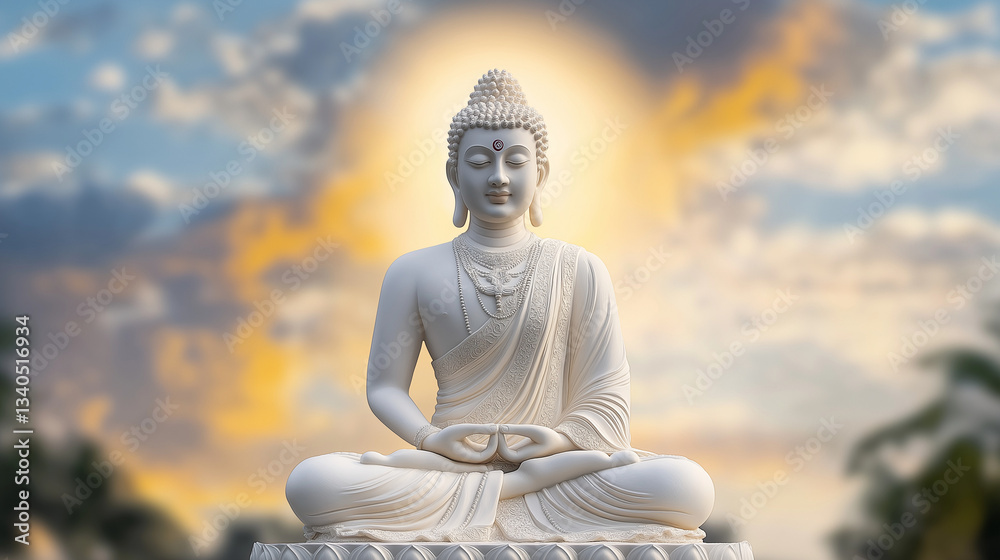 Buddha statue surrounded by a divine glow and sky background during Mahavir Jayanti. AI Generated Images Buddha statue surrounded by a divine glow and sky background during Mahavir Jayanti. AI Generated Images
