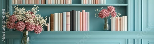 Aesthetic bookshelf decor flat design side view cozy reading theme water color colored pastel