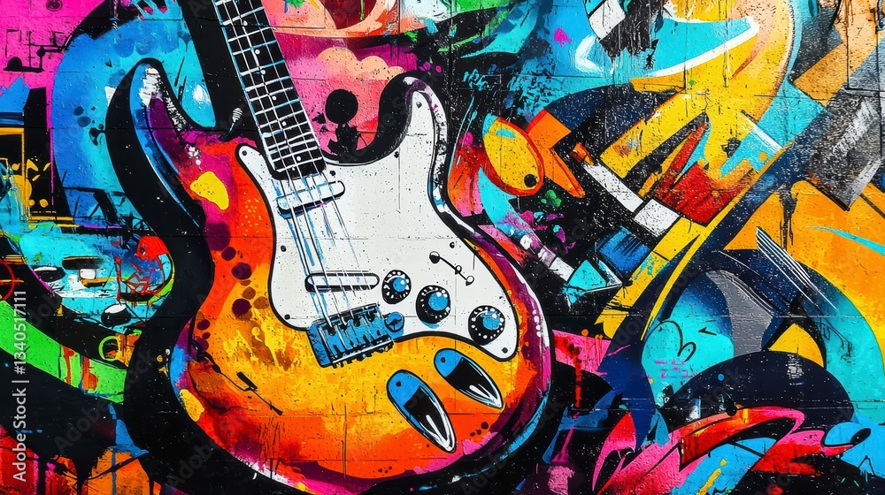 Vibrant Guitar Art: A colorful and dynamic mural showcases a detailed guitar with vivid hues and abstract shapes, celebrating the energy and spirit of music.