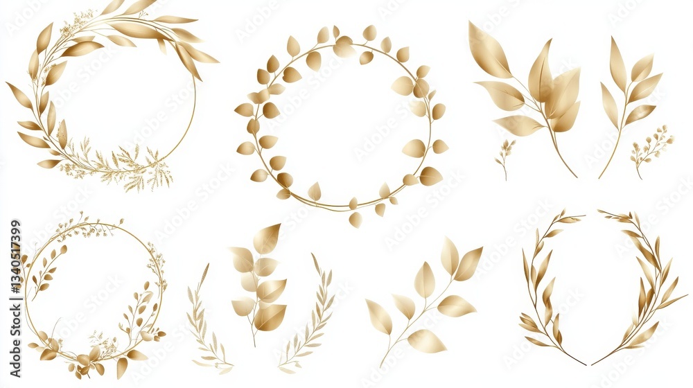 Luxury botanical gold wedding frame elements on white background. Set of circle shapes, glitters, eucalyptus leaves, leaf branches. Elegant foliage design for wedding, card, invitation, greeting. Luxury botanical gold wedding frame elements on white background. Set of circle shapes, glitters, eucalyptus leaves, leaf branches. Elegant foliage design for wedding, card, invitation, greeting.