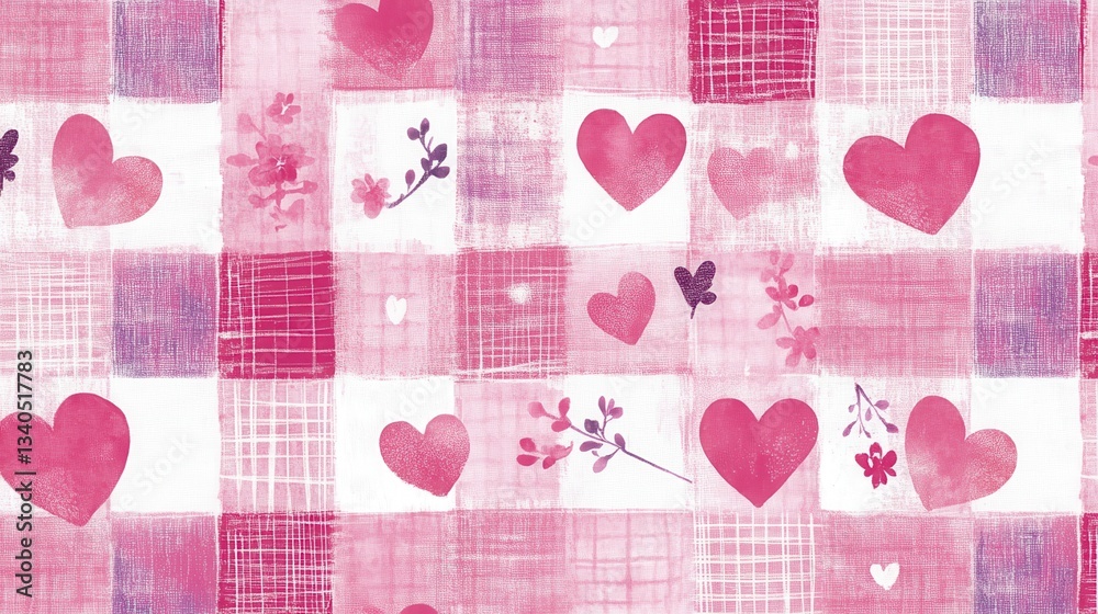 Delightful pink checkered pattern adorned with cheerful hearts and tiny polka dots, designed to evoke a warm and romantic ambiance suitable for seasonal digital designs. illustration Delightful pink checkered pattern adorned with cheerful hearts and tiny polka dots, designed to evoke a warm and romantic ambiance suitable for seasonal digital designs. illustration