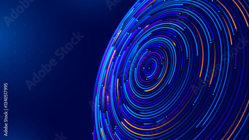 Big Data Visualization. Circular Particles With Trails Vortex. Futuristic Science or Finance Infographic Design. Complex Visual Data Background. Abstract Data Flowing. Vector Illustration.