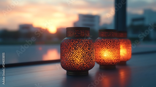 Sunset city view, warm light lanterns on windowsill