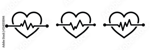 Heart beat icon set. Heart shape with pulse line. Heart with a pulse line icon. Heartbeat line icons symbolizing heart rhythm, sports activity, and a healthy lifestyle.
