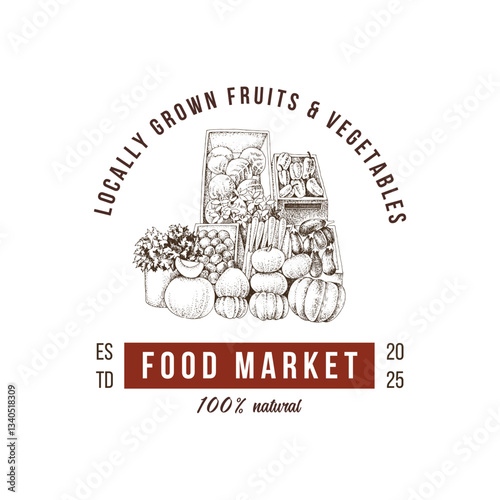 Local market logo template with stand of vegetables
