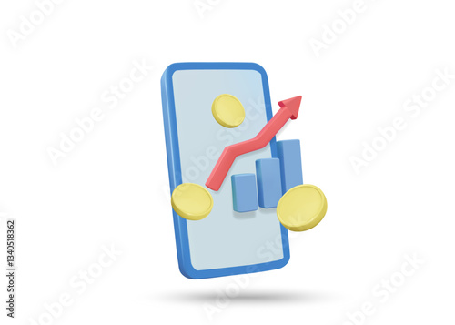 3D illustration vector render of mobile phone icon, bullish graph and coins, mobile investment and finance concept, access to digital data, growth trend, profit,stock trading, crypto,isolated on white