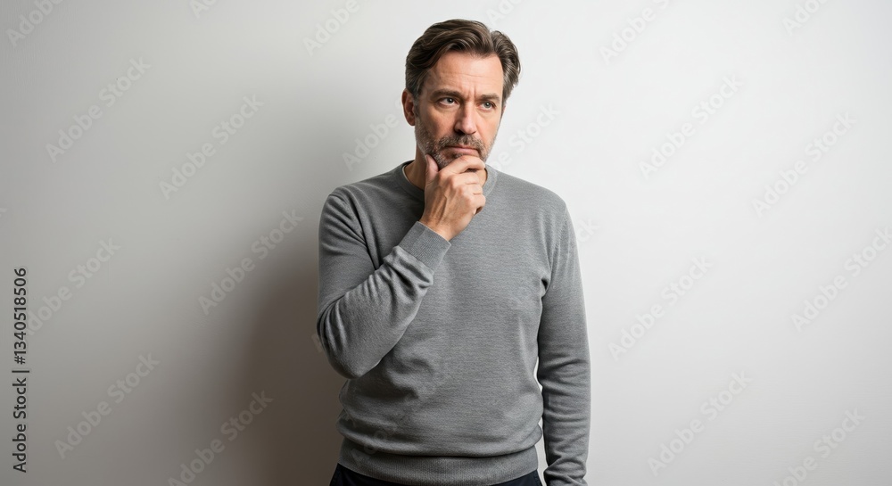 Fototapeta premium Thoughtful Man Posing in Gray Sweater Against Neutral Background, Capturing Reflective Mood