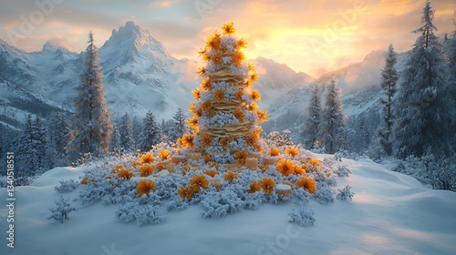 Snowy mountain landscape, artistic cake, winter scene, inspiring image, background for celebration