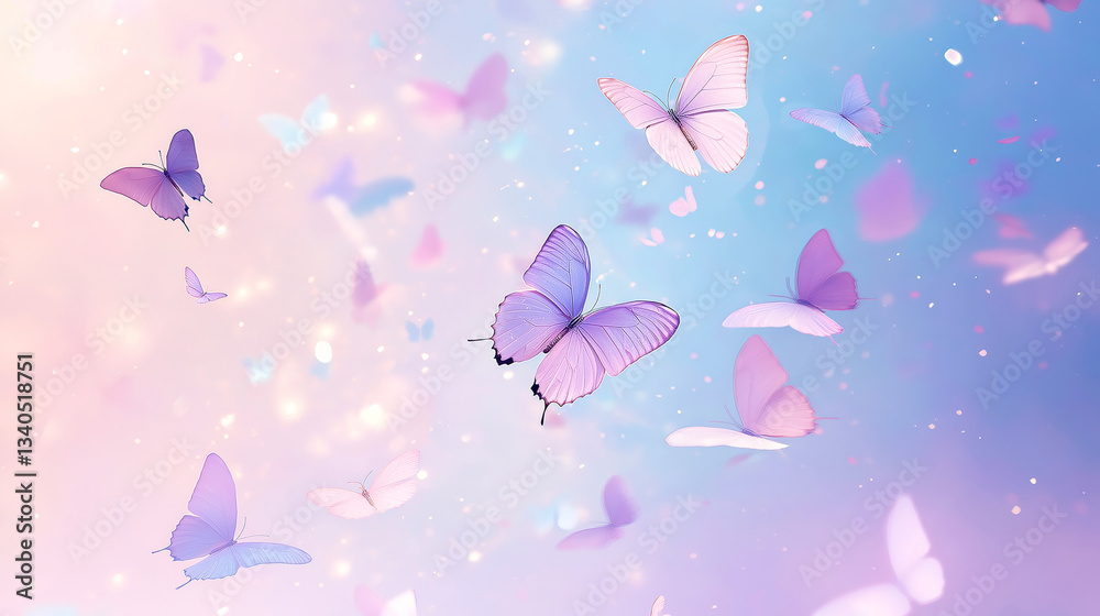 Beautiful pastel background featuring colorful butterflies flying freely.