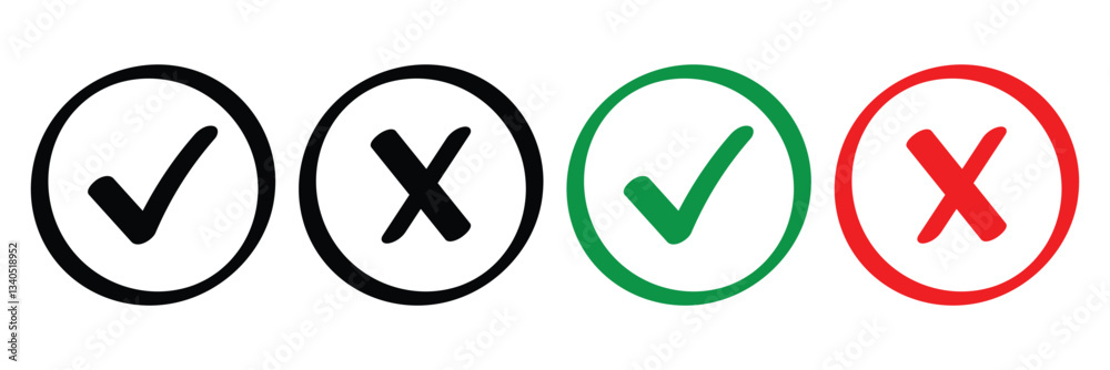 Right or wrong icons in black, green and red. Green tick and red cross checkmarks. Yes or no symbol, approved or rejected icon for user interface. Right or wrong icons in black, green and red. Green tick and red cross checkmarks. Yes or no symbol, approved or rejected icon for user interface.