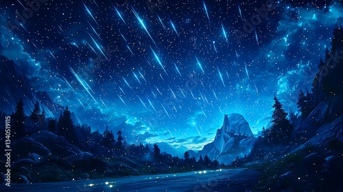 Night sky meteor shower over mountain road