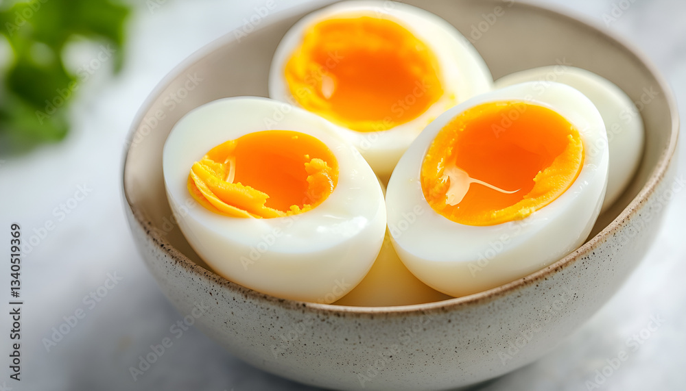 Boiled chicken egg for breakfast without eggshell in the bowl Boiled chicken egg for breakfast without eggshell in the bowl