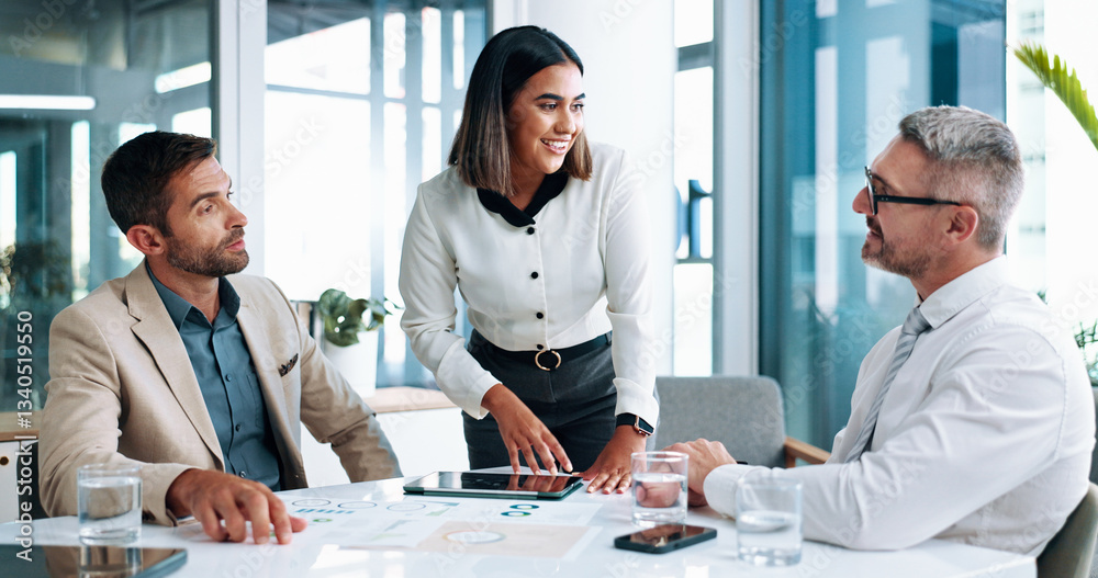 Fototapeta premium Talking, budget review or business people in meeting for teamwork, investment profit or paperwork. Manager, documents or financial analyst with economist for feedback, revenue or planning project