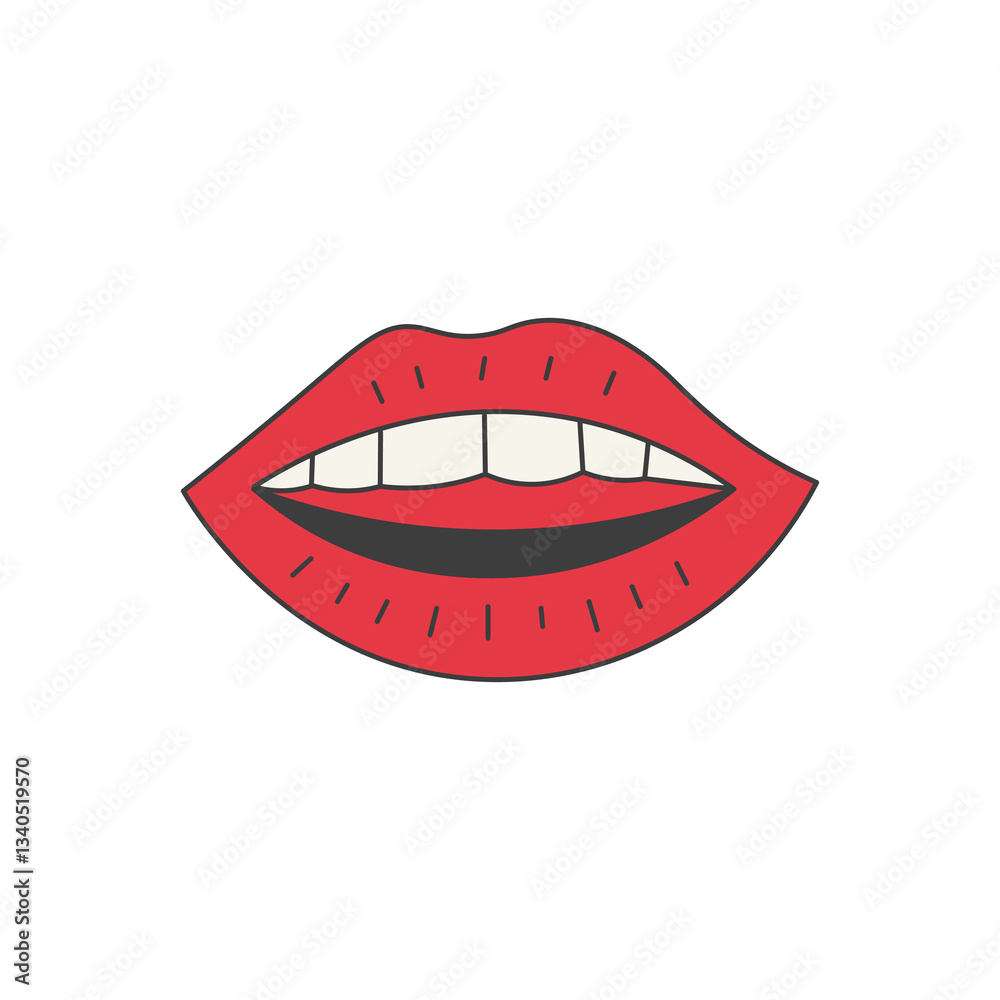 Whimsical Smiling Red Lips with Teeth. Hand drawn speaking mouth vector illustration. Vector illustration
