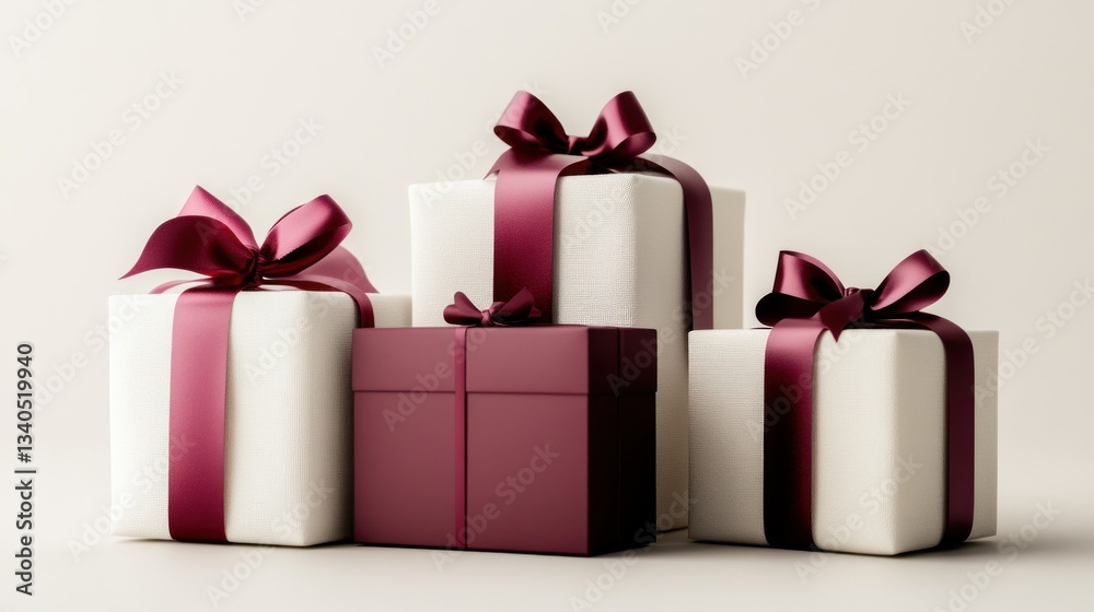 Obraz premium Stacked gift boxes with burgundy ribbons