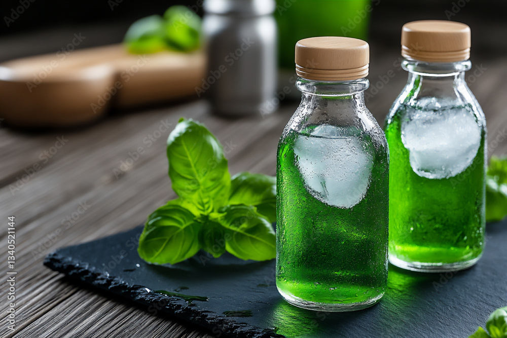 a customer magazine-style photo of glass bottles with ice and water, a customer magazine-style photo of glass bottles with ice and water,