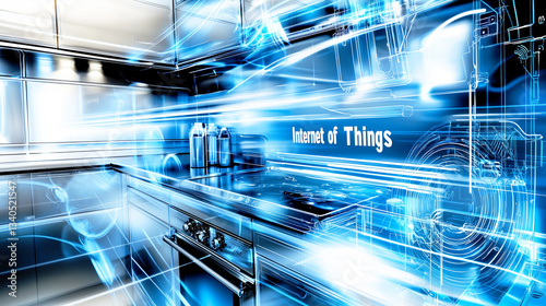 Futuristic smart kitchen with digital blue light effects. Internet of Things concept with connected appliances. High-tech design with modern innovation and automation.