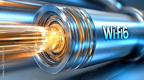 Futuristic metallic Wi-Fi 6 concept with high speed data transfer. Glowing golden energy flows through a sleek, blue, reflective tunnel, symbolizing fast internet technology.