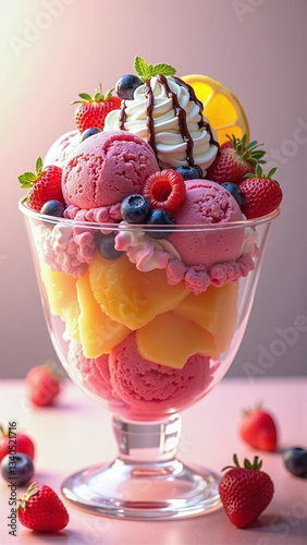 An elegant ice cream sundae featuring vibrant fruits, creamy scoops, and a touch of chocolate on a pastel background.