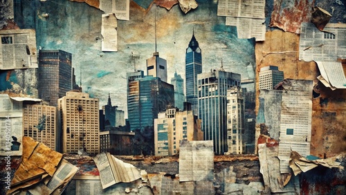 Monochrome Collage: Urban Exploration Newspaper & Magazine Cutouts on Textured Background