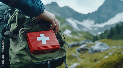 Wallpaper Mural Hiker accessing a red first-aid kit in a green backpack against a mountain backdrop. Torontodigital.ca