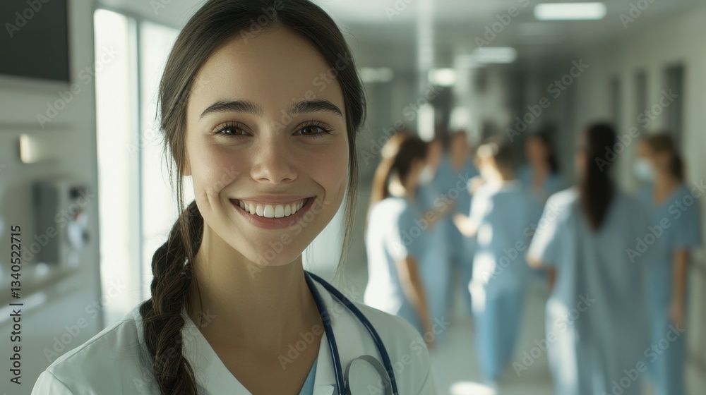 Young female doctor smiling while standing in a hospital corridor with a diverse group of staff in the background Young female doctor smiling while standing in a hospital corridor with a diverse group of staff in the background