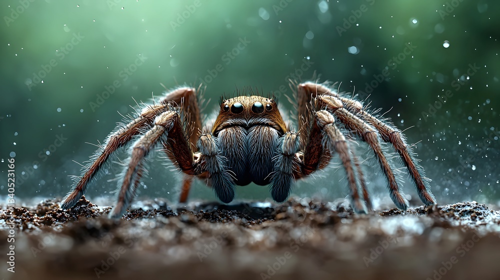 Closeup of a massive Goliath birdeater tarantula one of the largest spiders in the world crawling over the damp forest floor with its hairy legs covered in tiny water droplets Closeup of a massive Goliath birdeater tarantula one of the largest spiders in the world crawling over the damp forest floor with its hairy legs covered in tiny water droplets