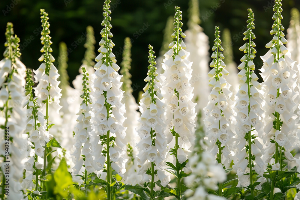 Naklejka premium A field of white foxglove flowers, backlit by the sun with a soft-focus background