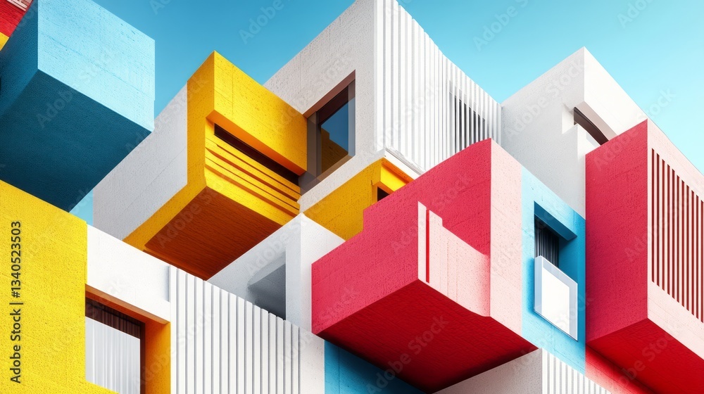 Modern architectural building with vibrant colors against a blue sky Modern architectural building with vibrant colors against a blue sky