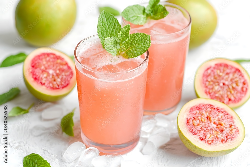 Refreshing Guava Fizz Cocktail – Summer Iced Tea with Mint in Glasses Refreshing Guava Fizz Cocktail – Summer Iced Tea with Mint in Glasses