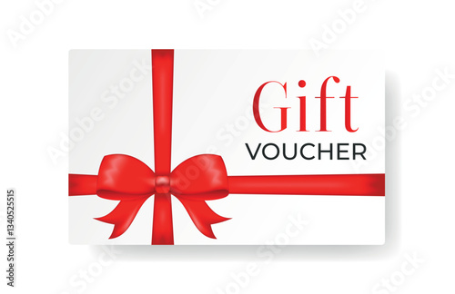 Rectangle template for creating cards, vouchers, discount cards, gift wrap with red satin bow and cross ribbon in realistic style