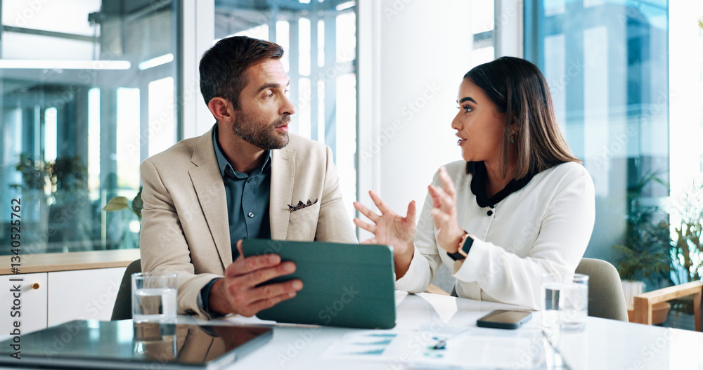 © peopleimages.com - Discussion, teamwork and people with tablet, business and review of ad campaign performance and media buyer. Collaboration, talk and tech for digital marketing in office, website or online in meeting