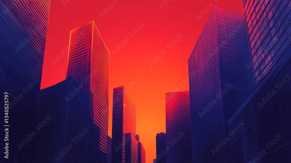 Obraz premium City buildings pierce a vibrant red and orange colored sky