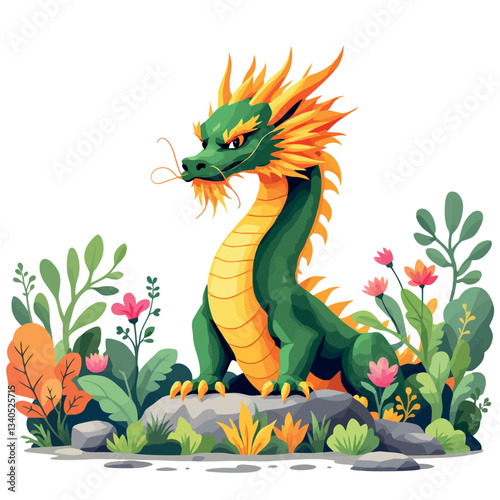 Vsai majestic green dragon sitting on a rock in a lush garden