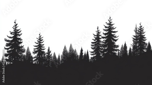Silhouette, forest landscape, pine trees, coniferous trees, black and white, minimalist, stark contrast, skyline, nature scene, tree line, graphic design, vector art, woodcut style, monochrome illust