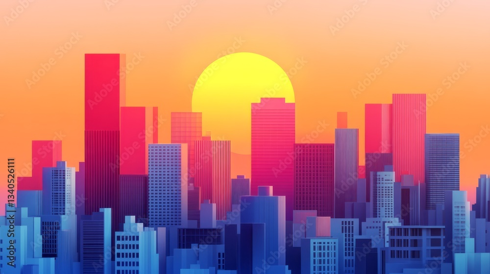 Digital city skyline silhouette at sunset with vibrant colors Digital city skyline silhouette at sunset with vibrant colors