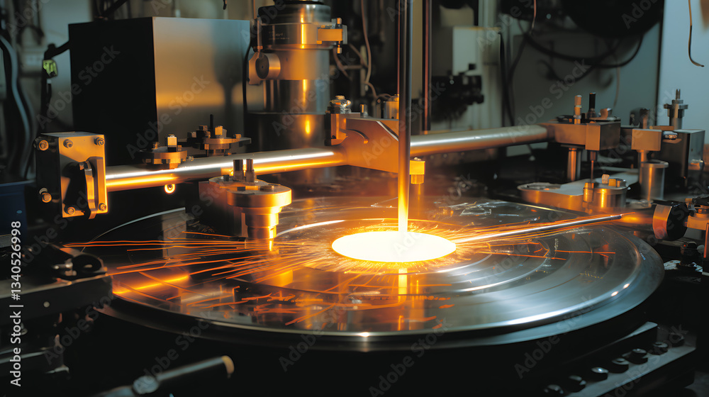 Fototapeta premium Intriguing process of a metal object being fabricated by a machine in a workshop environment highlighting industrial precision and craftsmanship.