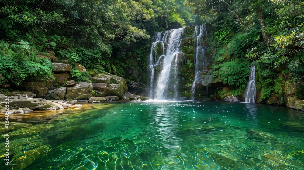Fototapeta premium A large waterfall cascading into a crystal-clear pool surrounded by lush greenery