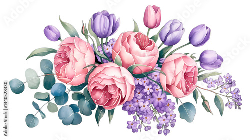 Delicate Floral Arrangement of Roses, Tulips, and Lilac