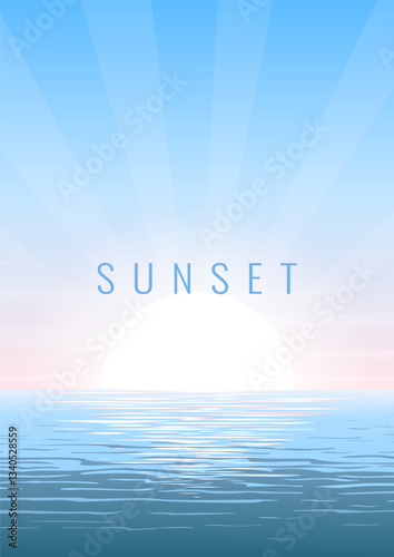 Seascape with the rising sun on the horizon. The sun's rays are reflected in the water. Clear blue sky. Vector panoramic image for background, poster, postcard, cover.