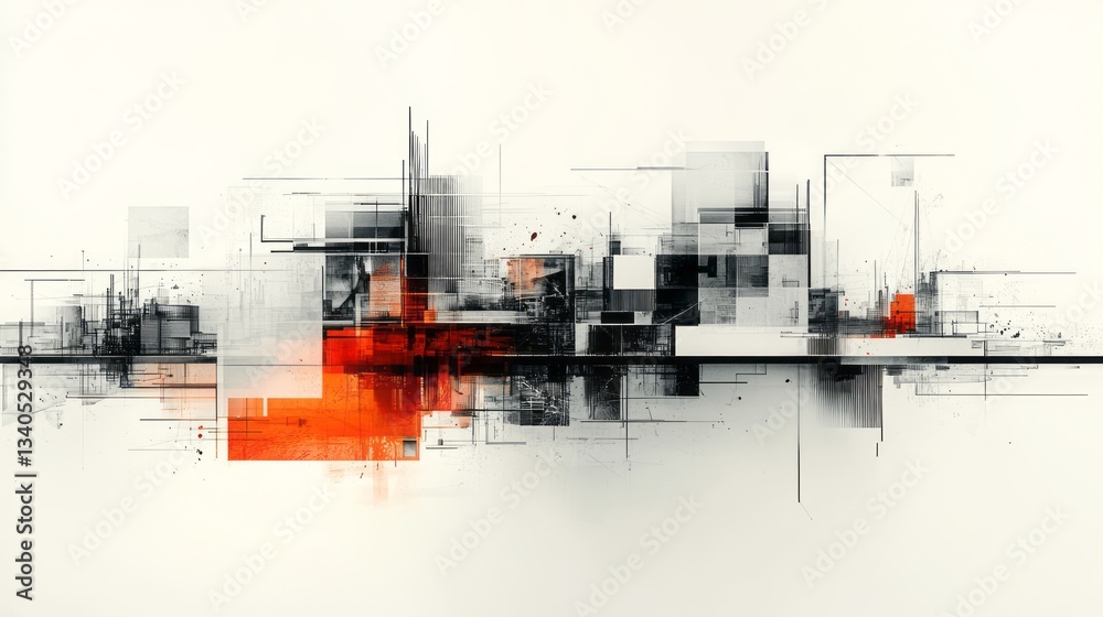 Fototapeta premium Geometric abstraction with layered monochrome and vibrant orange accents