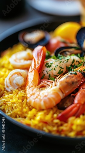 A vibrant seafood paella featuring shrimp, mussels, and calamari, garnished with lemon and herbs, served on a bed of flavorful yellow rice.