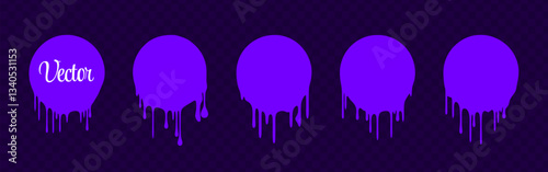 Purple Circles Banners with Drip of Paint on Transparent Background. Circles With Liquid Drops. Effect of Blood, Milk, Melt Honey or Syrup. Shapes With Splash and Stain. Vector Illustration.