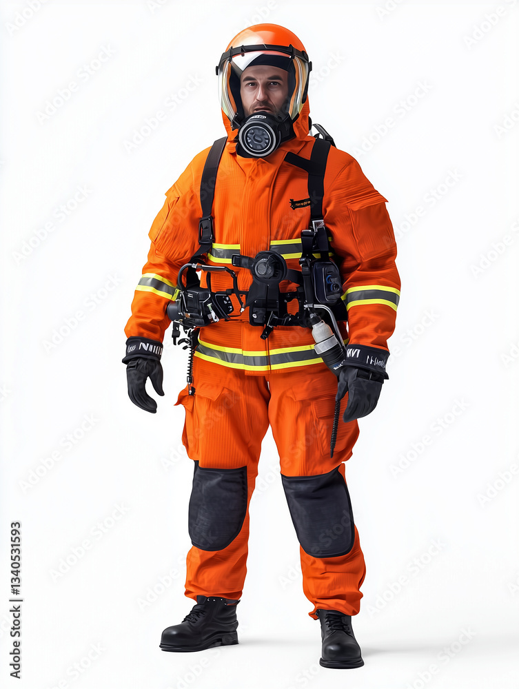Naklejka premium Firefighter in an orange suit, full-body view, white background, studio lighting.